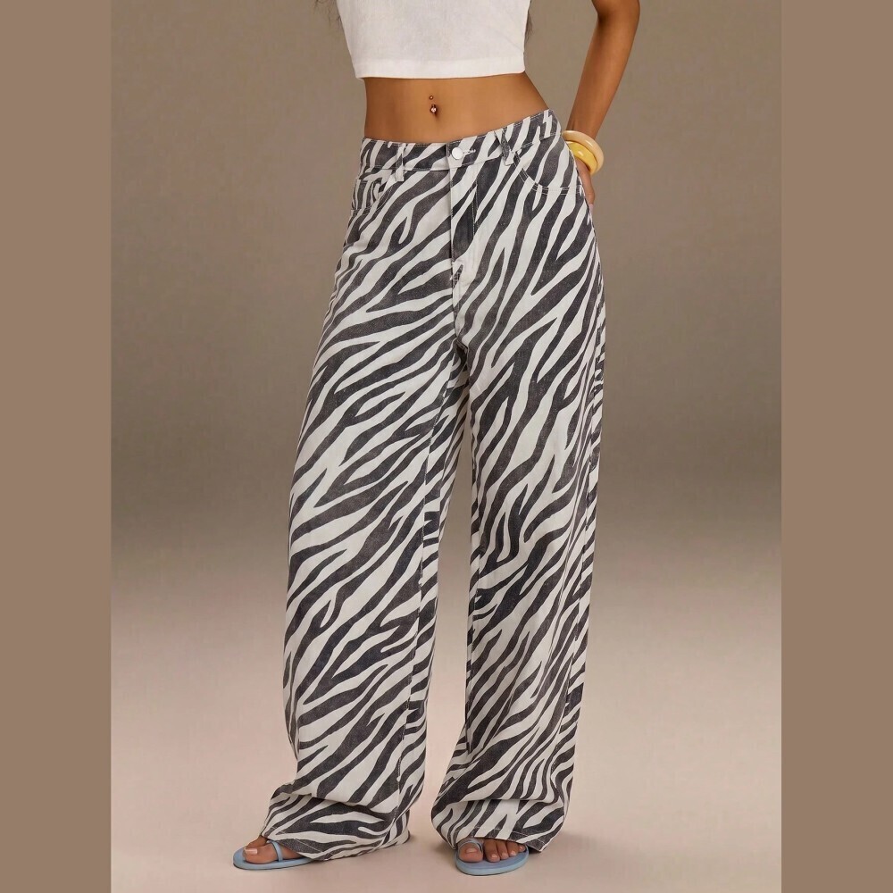 Black & White Zebra Print Wide Leg Denim Jeans